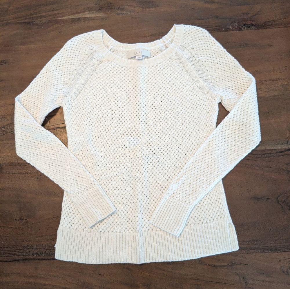 LOFT Cream Basket Weave Sweater Wool Rabbit Hair Blend Size Small